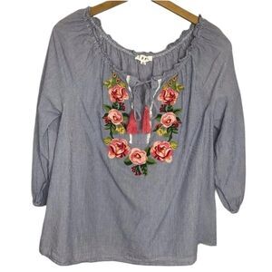 THML Striped Peasant Boho Blouse Top with Floral Details Size Medium